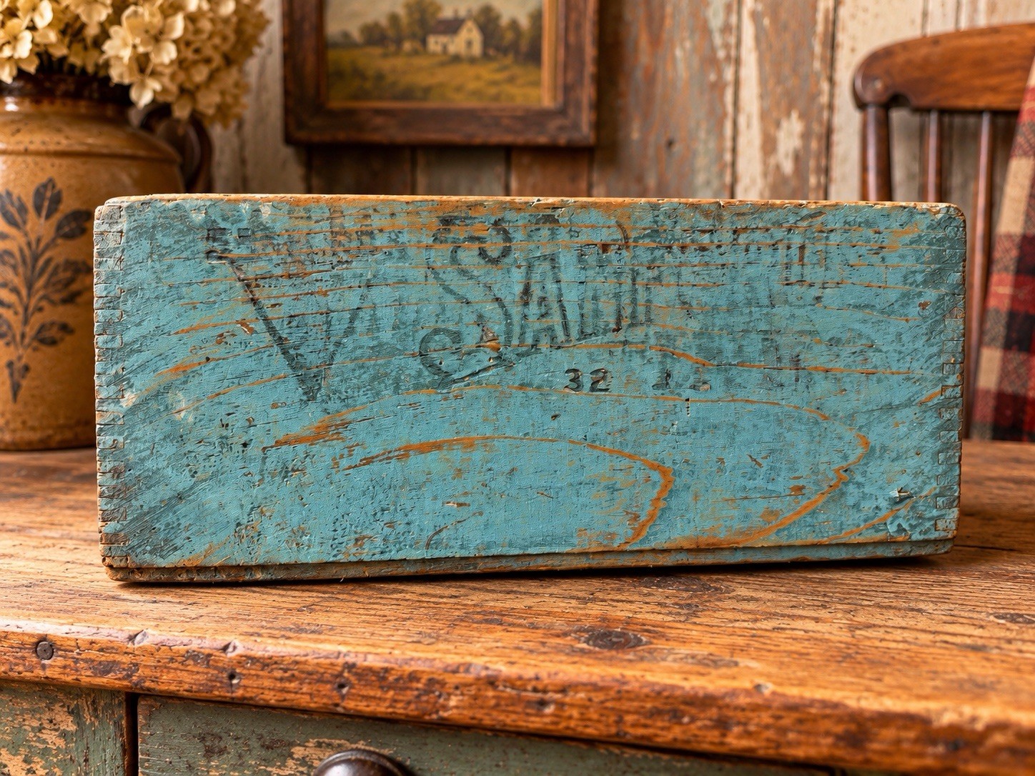 Antique Stafford's Ink Wooden Dovetailed Crate Wood Box Old Green Paint Antique Stafford's Ink Wooden Dovetailed Crate Wood Box Old Green Paint