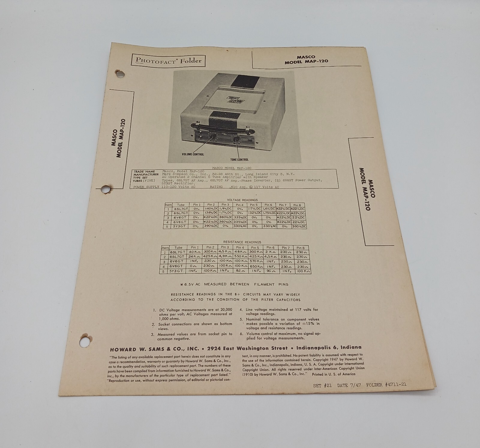 VTG Howard Sams 1947 Radio Photofact Folder Masco Model MAP-120 VTG Howard Sams 1947 Radio Photofact Folder Masco Model MAP-120