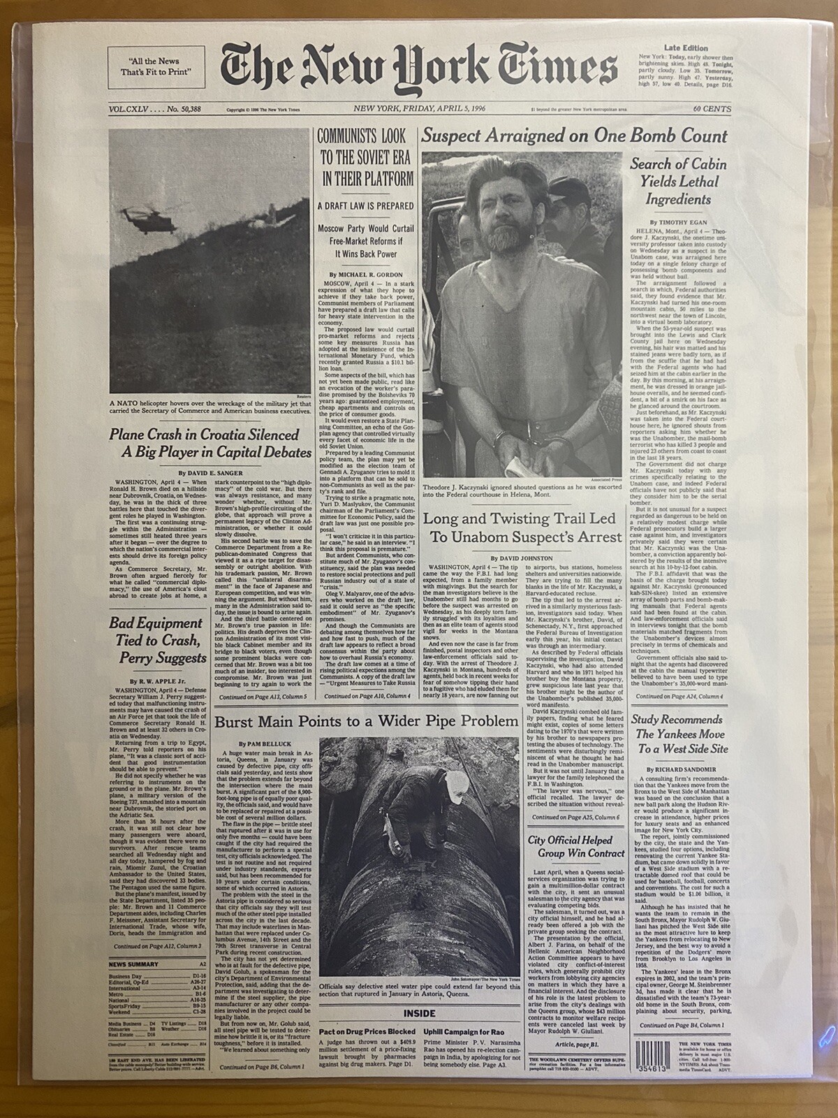 VINTAGE NEWSPAPER HEADLINE ~TERRORIST KILLER TED KACZYNSKI UNABOMBER CAUGHT 1996 VINTAGE NEWSPAPER HEADLINE ~TERRORIST KILLER TED KACZYNSKI UNABOMBER CAUGHT 1996