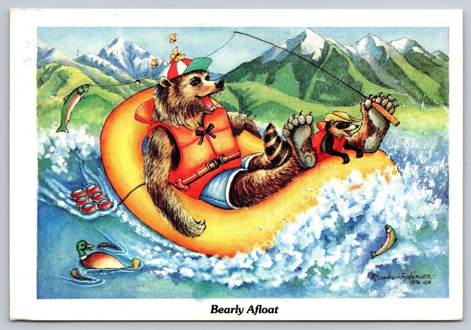 Postcard Bearly Afloat Artist L. Drake Robinson Anthropomorphic River Raft A10