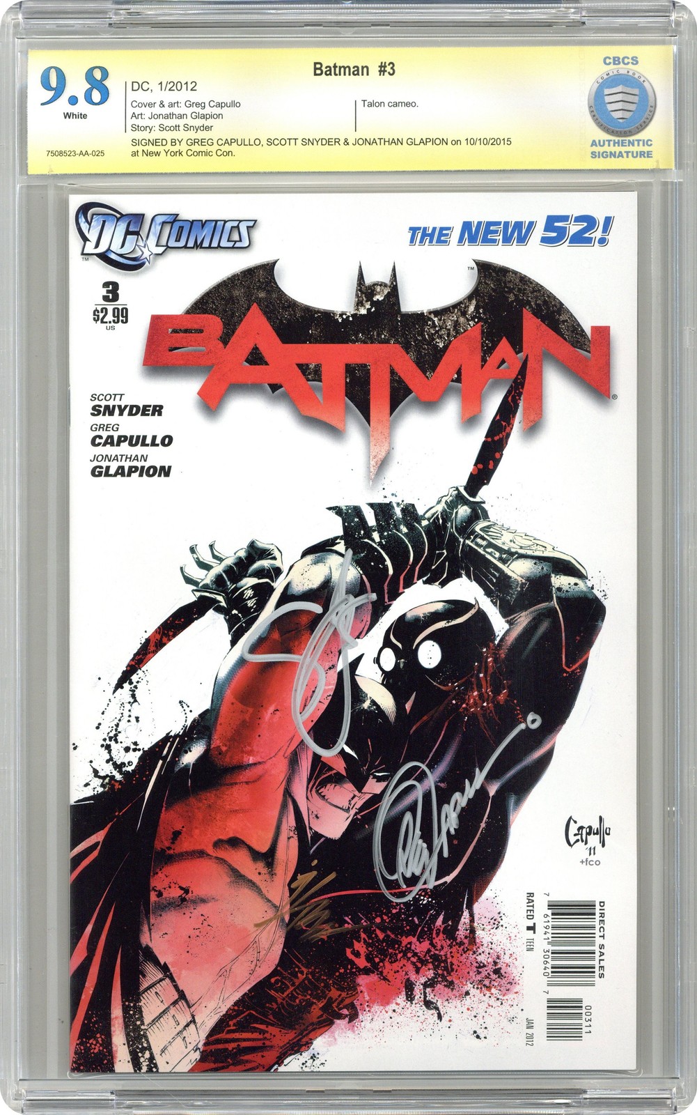 Batman #3A Capullo 1st Printing CBCS 9.8 Witnessed Sig 2012 Batman #3A Capullo 1st Printing CBCS 9.8 Witnessed Sig 2012