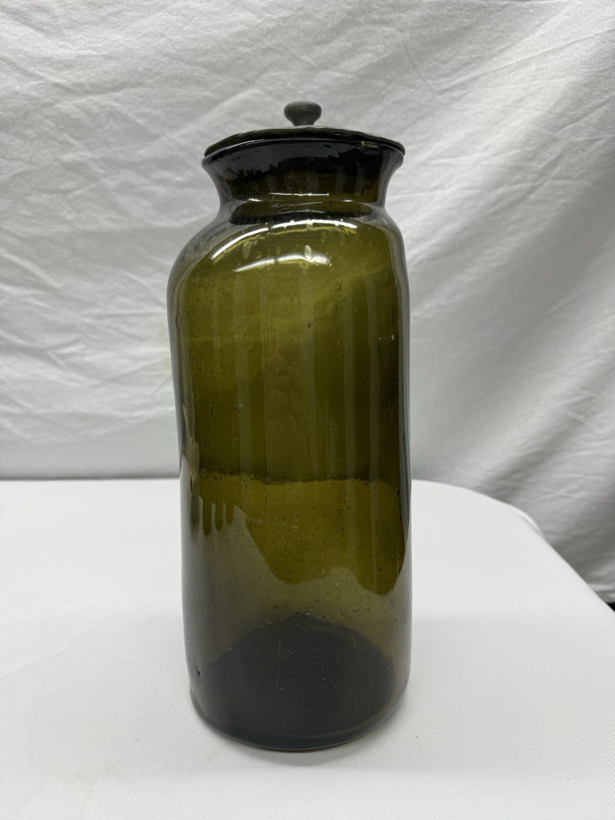 Antique Bubbly Green French Original Pewter Lid Utlity Jar - Pontil