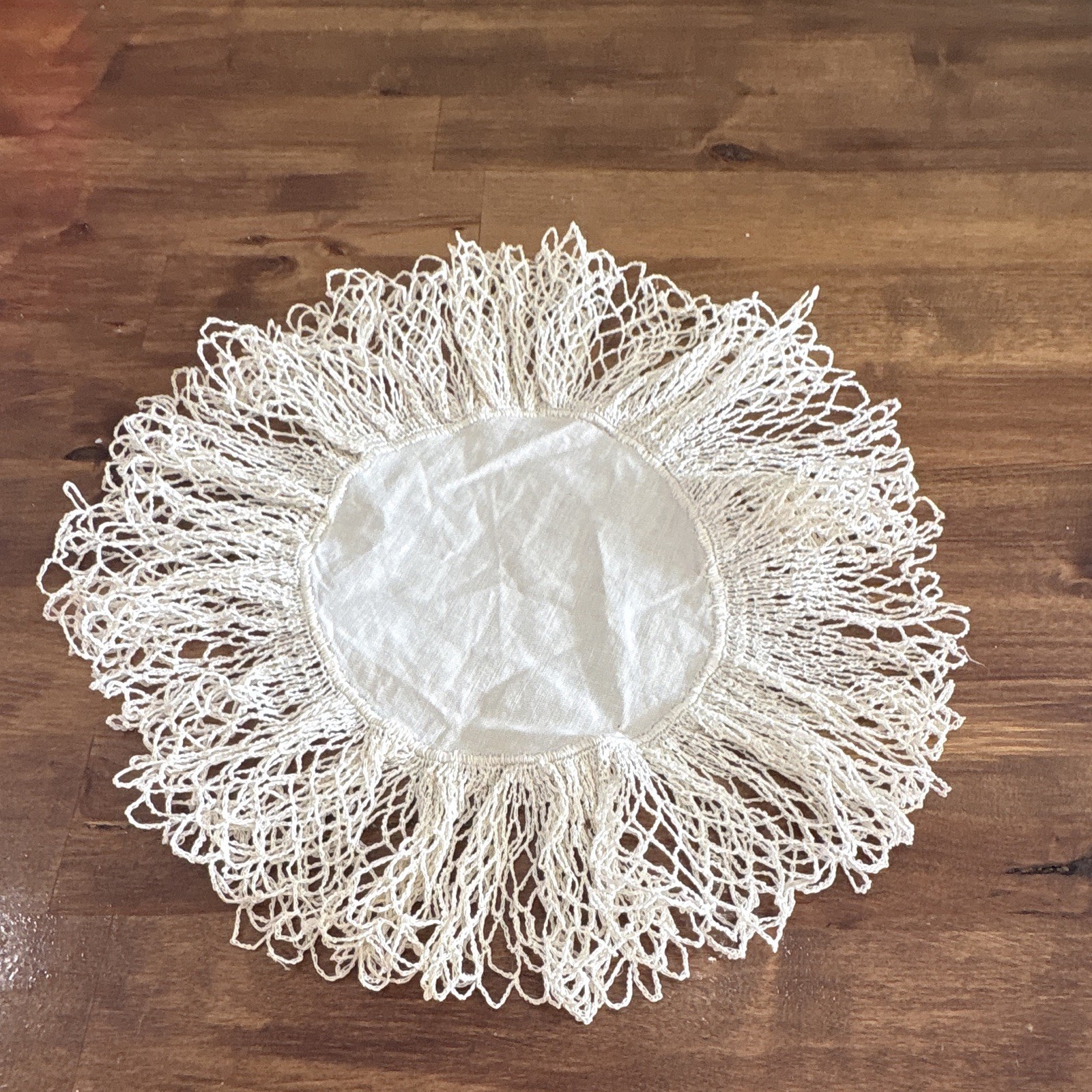 Vintage Round Linen Doily White Cream Hand Crocheted Loopy Fluted Ruffle Edge