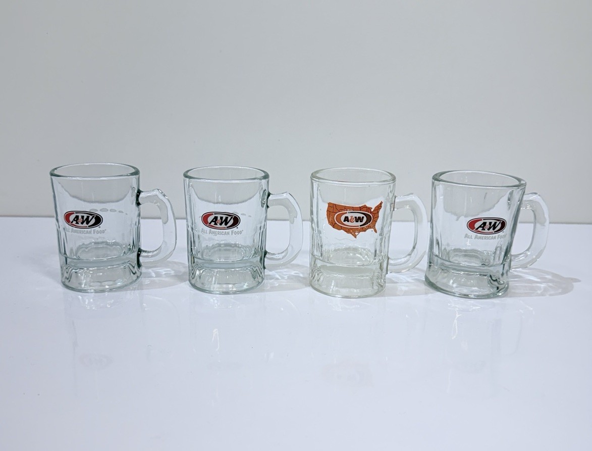 4 Vintage A&W Oval USA Logo AW Root Beer Mini Baby 3" Glass Mugs 4 Vintage A&W Oval USA Logo AW Root Beer Mini Baby 3" Glass Mugs