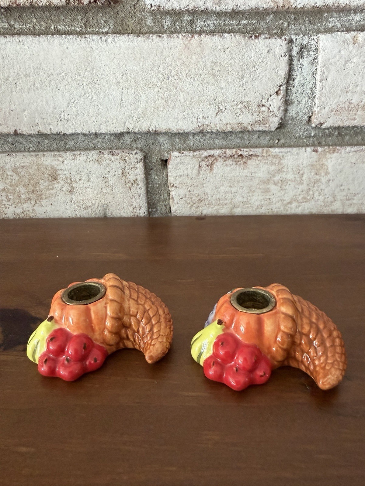 Vintage Russ Berrie Ceramic Cornucopia Taper Candle Holders Pair Vintage Russ Berrie Ceramic Cornucopia Taper Candle Holders Pair