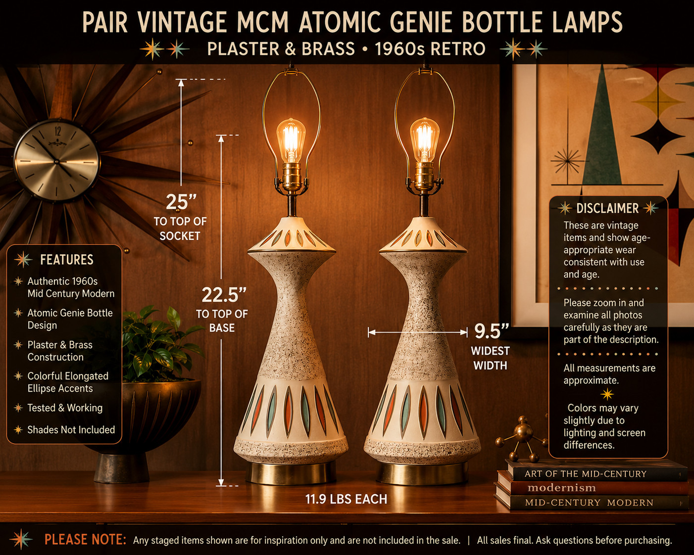 Pair Vintage MCM Atomic Genie Bottle Lamps Plaster Brass 1960s Retro Pair Vintage MCM Atomic Genie Bottle Lamps Plaster Brass 1960s Retro