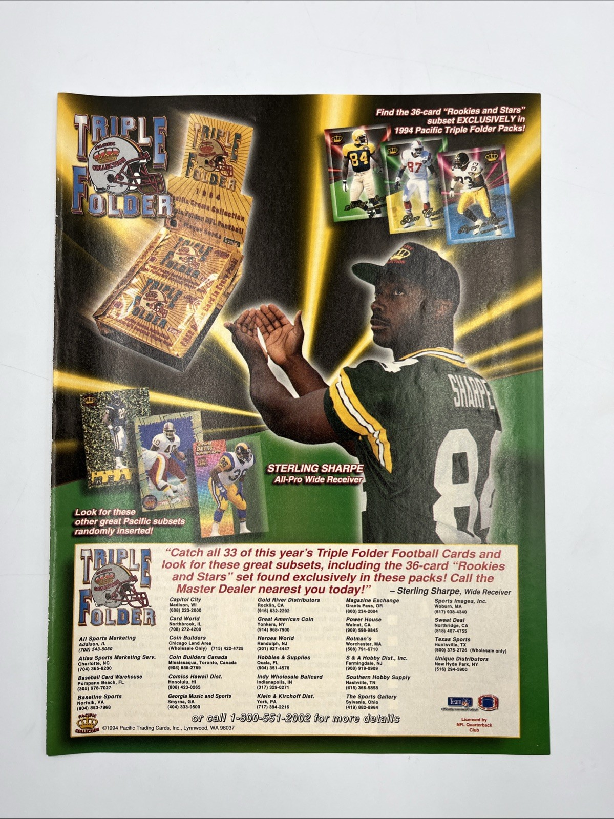 Magazine Print Ad 1994 Pacific Triple Folder Football Cards Sterling Sharpe Vtg Magazine Print Ad 1994 Pacific Triple Folder Football Cards Sterling Sharpe Vtg