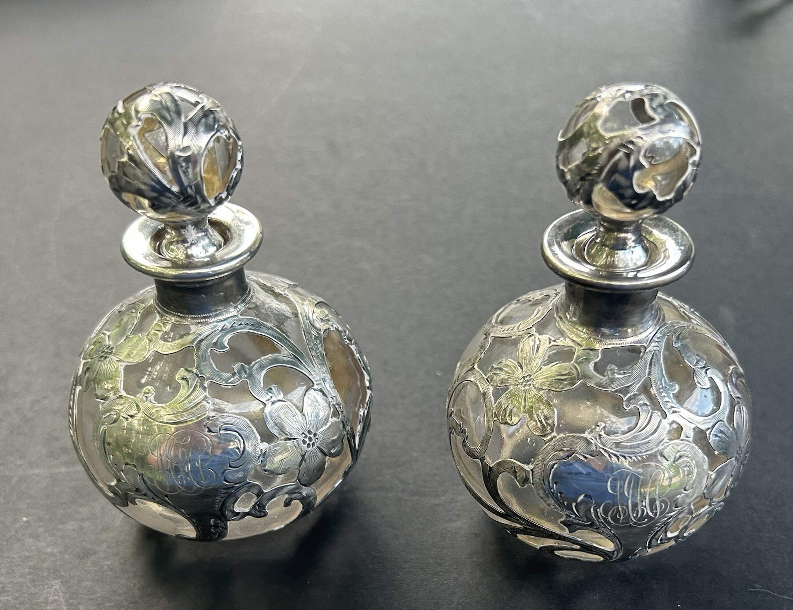 Antique Alvin .999 Fine Silver Overlay Perfume Bottles - Art Nouveau Pair Antique Alvin .999 Fine Silver Overlay Perfume Bottles - Art Nouveau Pair