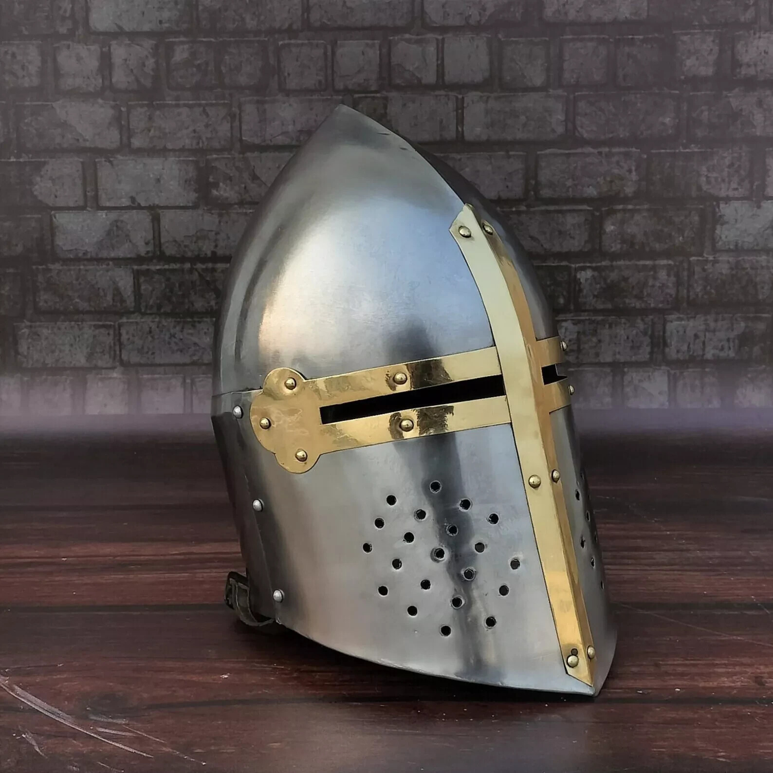 Medieval Crusader Cosplay Designer Mason' Brass Cross Knight Helmet Gift Medieval Crusader Cosplay Designer Mason' Brass Cross Knight Helmet Gift