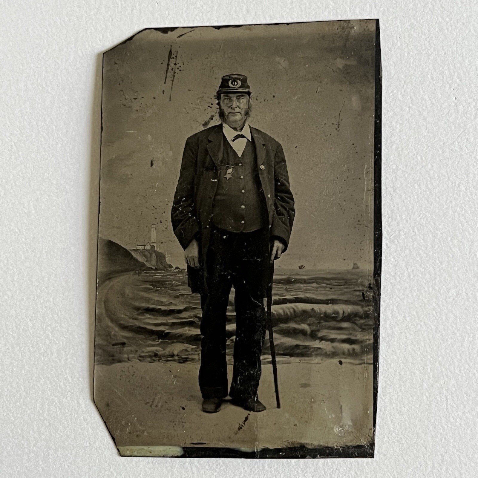 Antique Tintype Photograph Mature Man Civil War Veteran Kepi Cane GAR Metal Antique Tintype Photograph Mature Man Civil War Veteran Kepi Cane GAR Metal