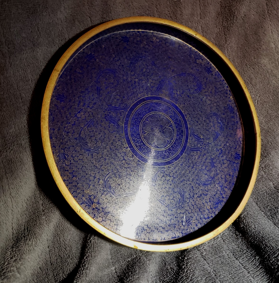 Vintage BLUE Cloisonne Hand Painted Chinese Brass Enamel Plate with rim Vintage BLUE Cloisonne Hand Painted Chinese Brass Enamel Plate with rim