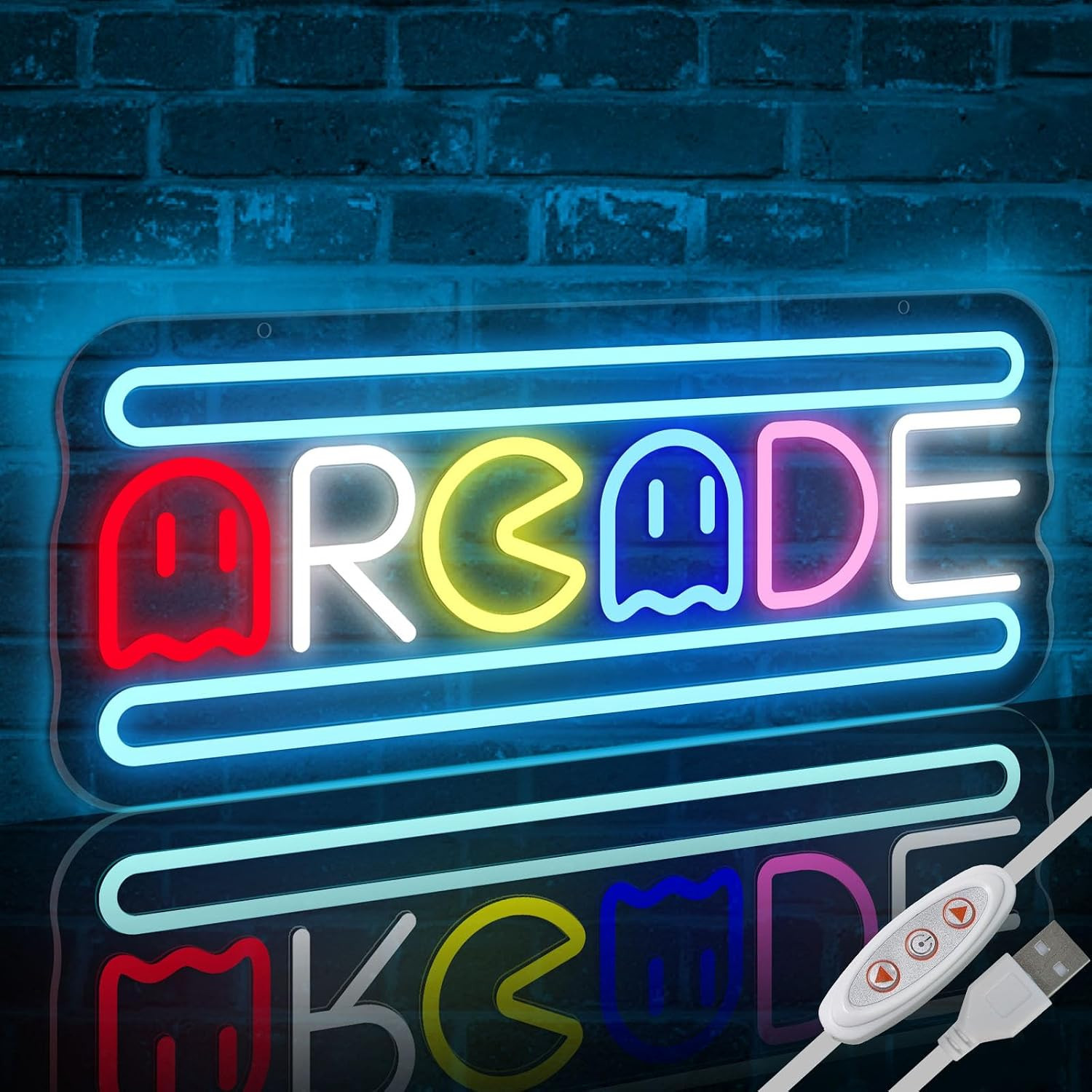Arcade Neon Light Sign LED USB Powered Dimmable, Retro Ghost Arcade Game Room Arcade Neon Light Sign LED USB Powered Dimmable, Retro Ghost Arcade Game Room