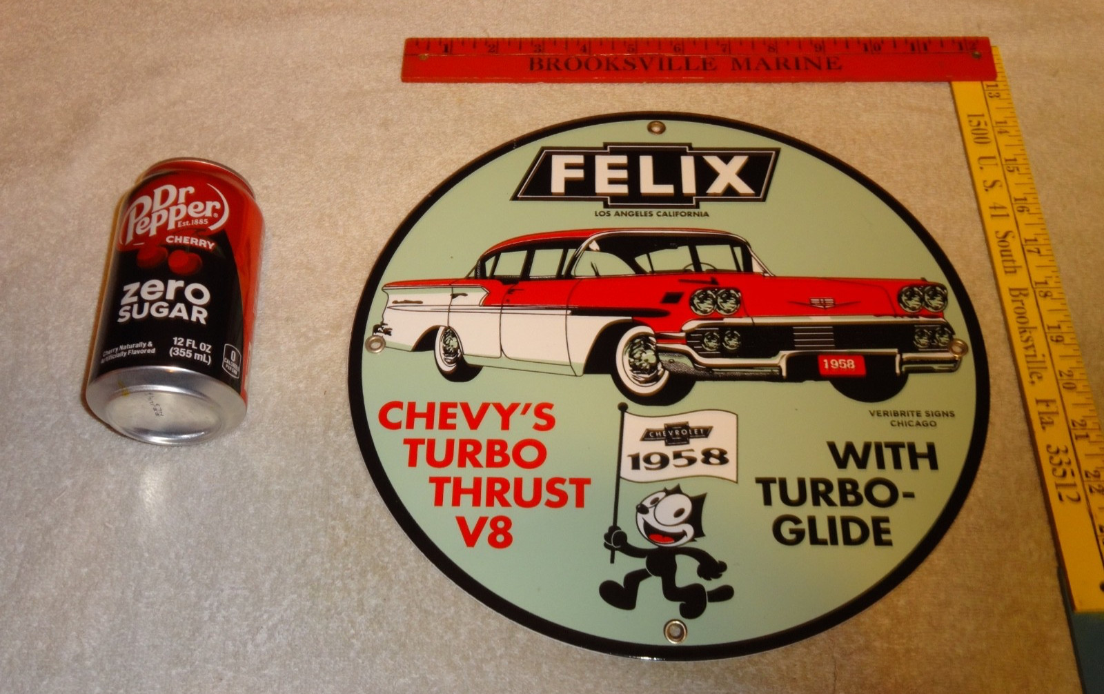 VINTAGE 1958 FELIX THE CAT CHEVROLET CHEVY 11 3/4" PORCELAIN METAL GAS OIL SIGN VINTAGE 1958 FELIX THE CAT CHEVROLET CHEVY 11 3/4" PORCELAIN METAL GAS OIL SIGN