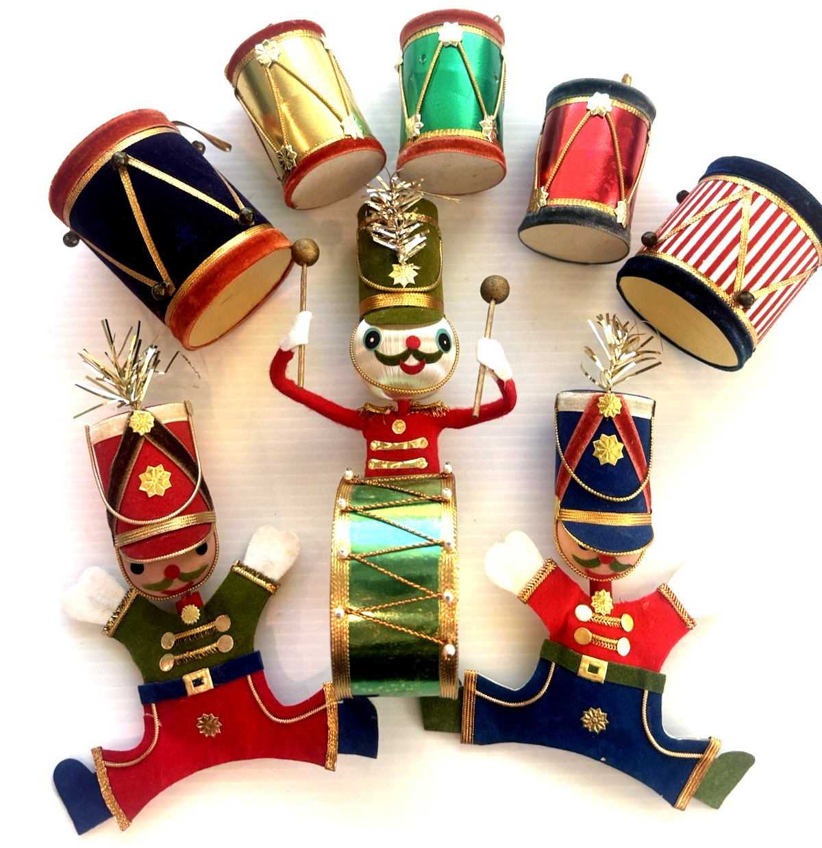 VTG 1950s Japan Christmas Ornament LOT of 8 Felt Beaded Drum Majors & Drums MCM VTG 1950s Japan Christmas Ornament LOT of 8 Felt Beaded Drum Majors & Drums MCM