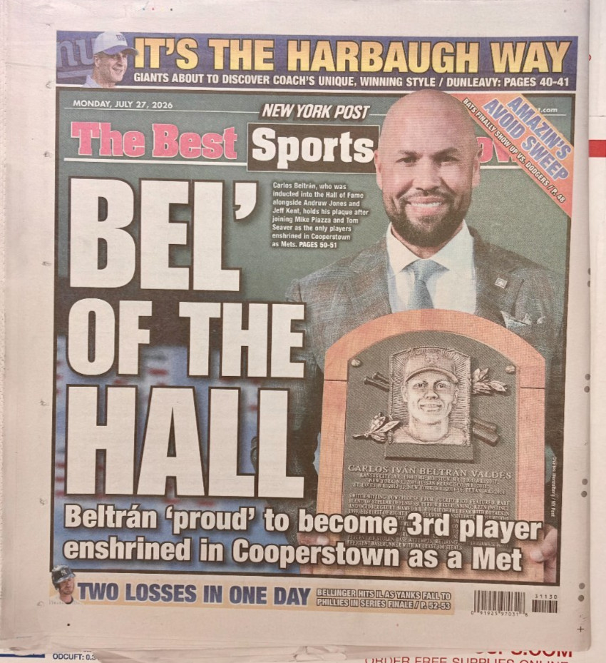 Carlos Beltran Baseball Hall Of Fame Induction MLB HOF New York Post 7/27/2026 Carlos Beltran Baseball Hall Of Fame Induction MLB HOF New York Post 7/27/2026