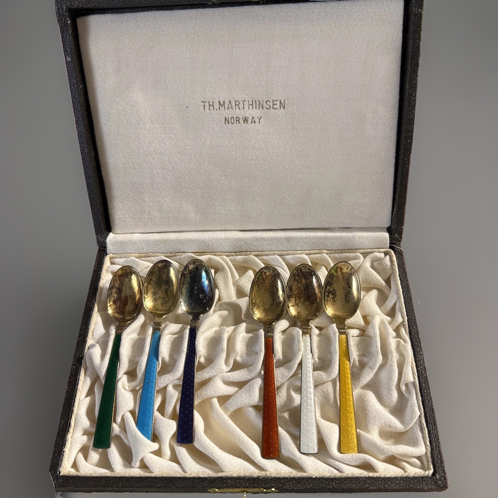 Vintage Th Marthinsen Norway Sterling Silver Guilloche Enamel Spoons Set 6 Box Vintage Th Marthinsen Norway Sterling Silver Guilloche Enamel Spoons Set 6 Box