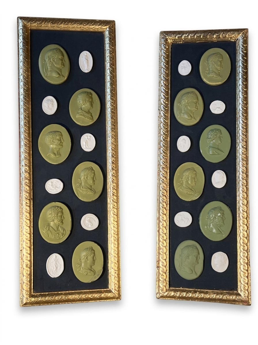 Grand Tour Classical Green & White Intaglio Panels With Giltwood Border - a Pair Grand Tour Classical Green & White Intaglio Panels With Giltwood Border - a Pair