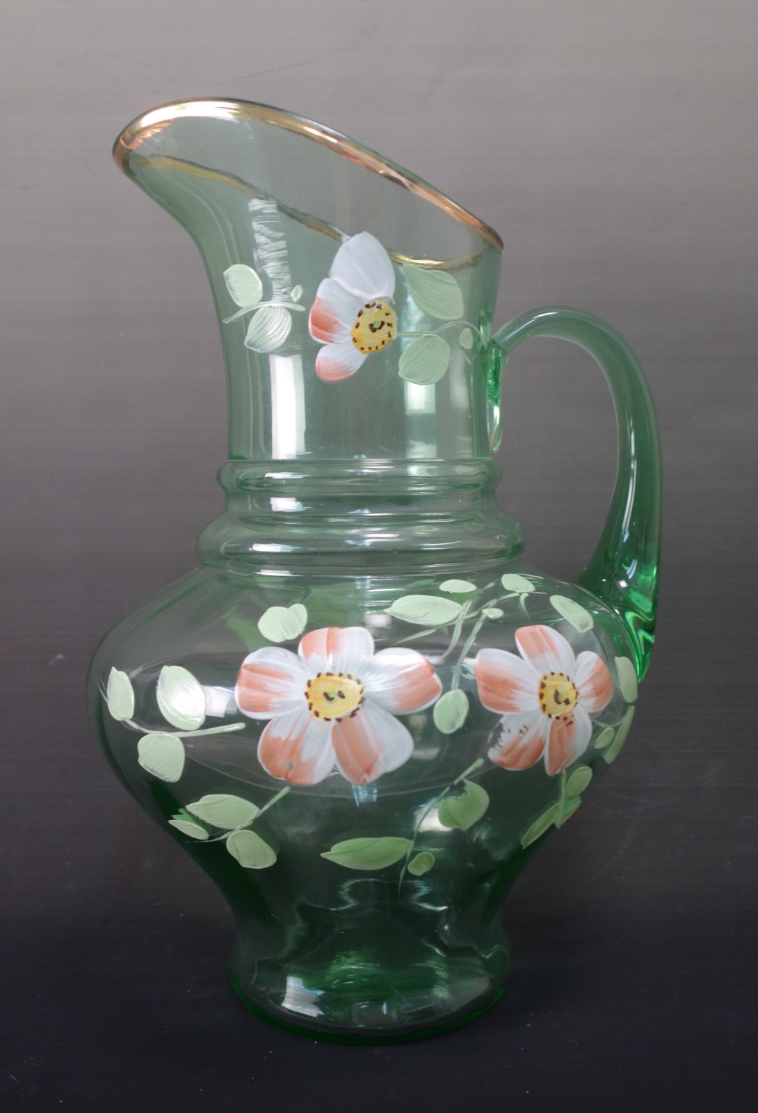 Vintage Fenton Pitcher Sea Mist Green With Hand Painted Floral Design 11" Tall Vintage Fenton Pitcher Sea Mist Green With Hand Painted Floral Design 11" Tall