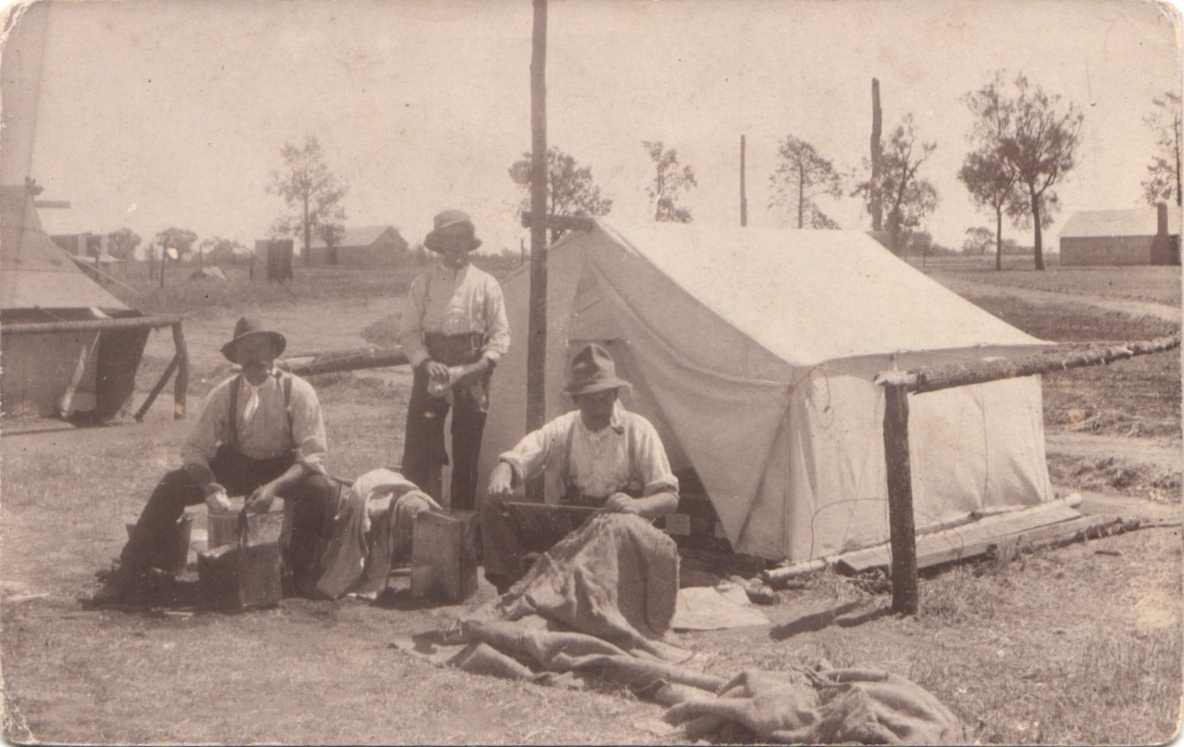 GUYS IN A TENT CAMP c1910 real photo postcard rppc camping outdoors party