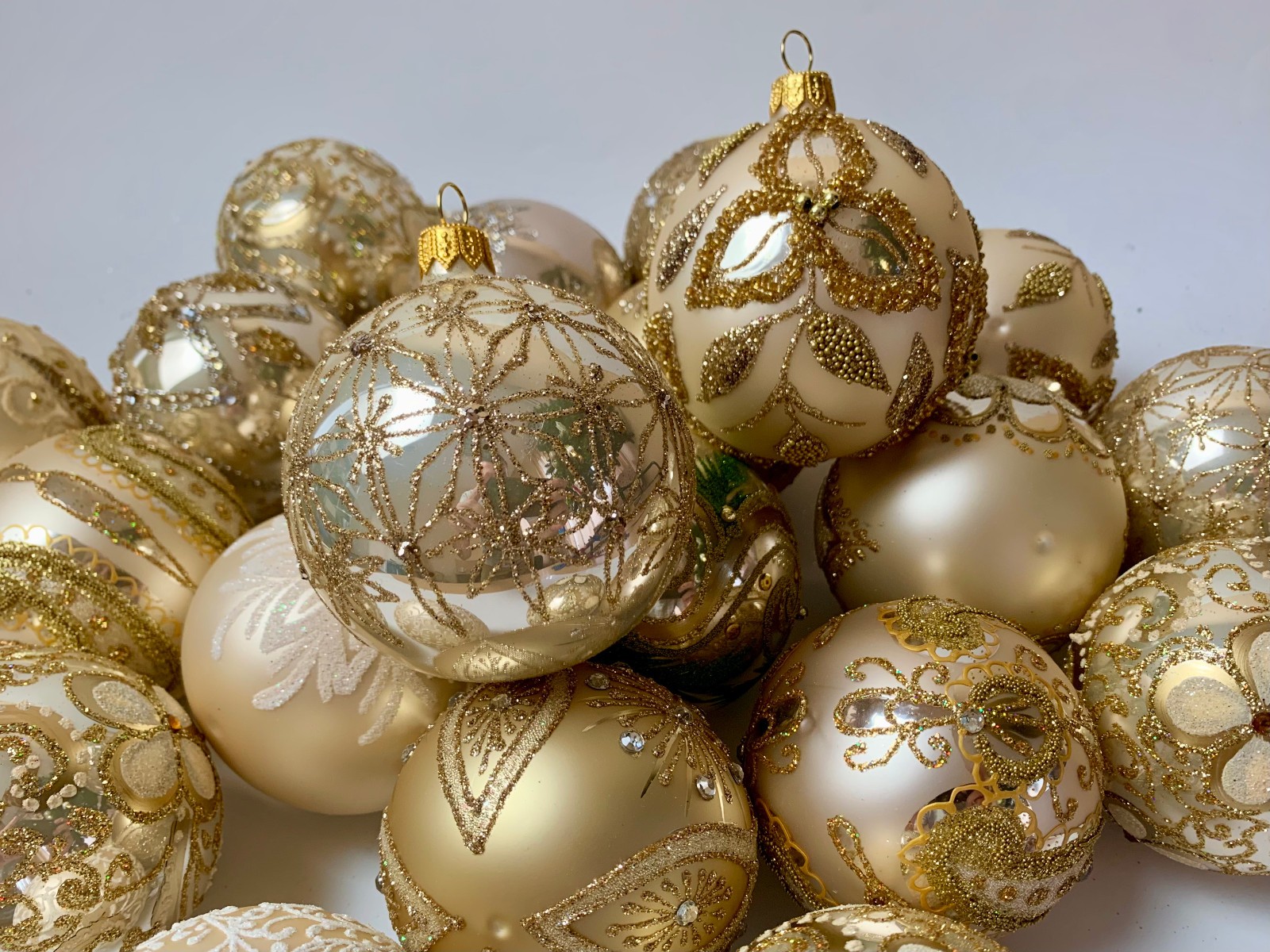 Vintage Style Gold Glass Christmas Ornaments Collection of 20 Handmade