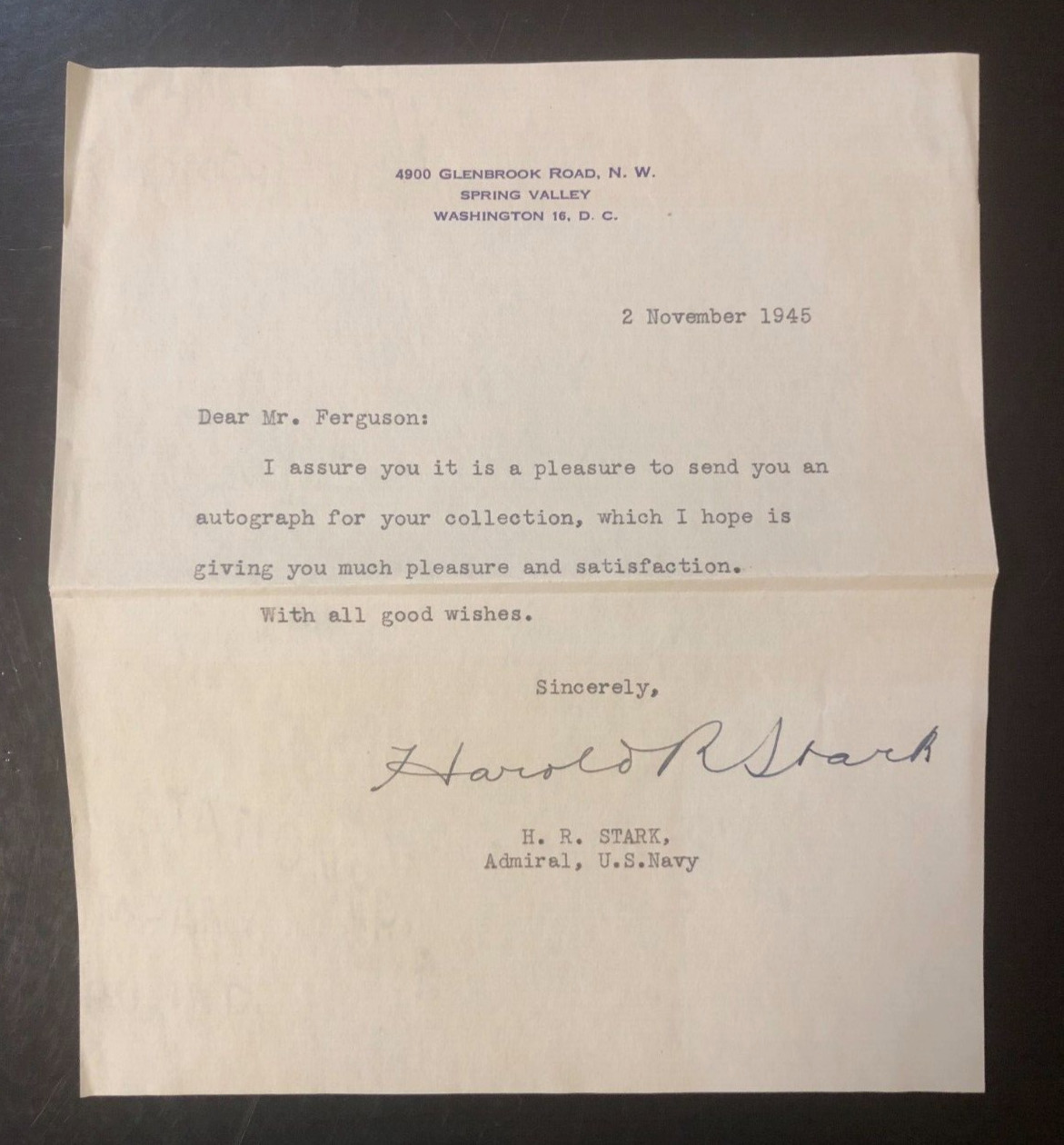 WWII Admiral Harold R. Stark 1945 Signed Letter – CNO Pearl Harbor – RARE