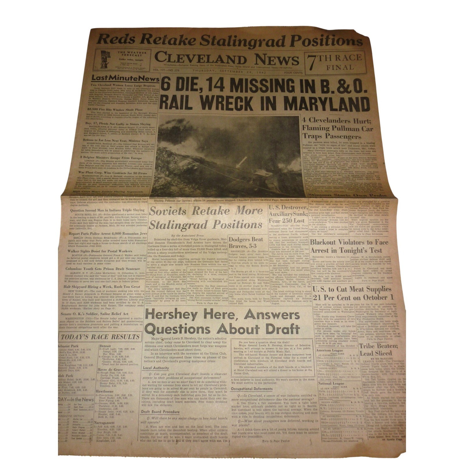 1942 Cleveland News Newspaper WWII BO Train Wreck Stalingrad Draft Higbee 1942 Cleveland News Newspaper WWII BO Train Wreck Stalingrad Draft Higbee