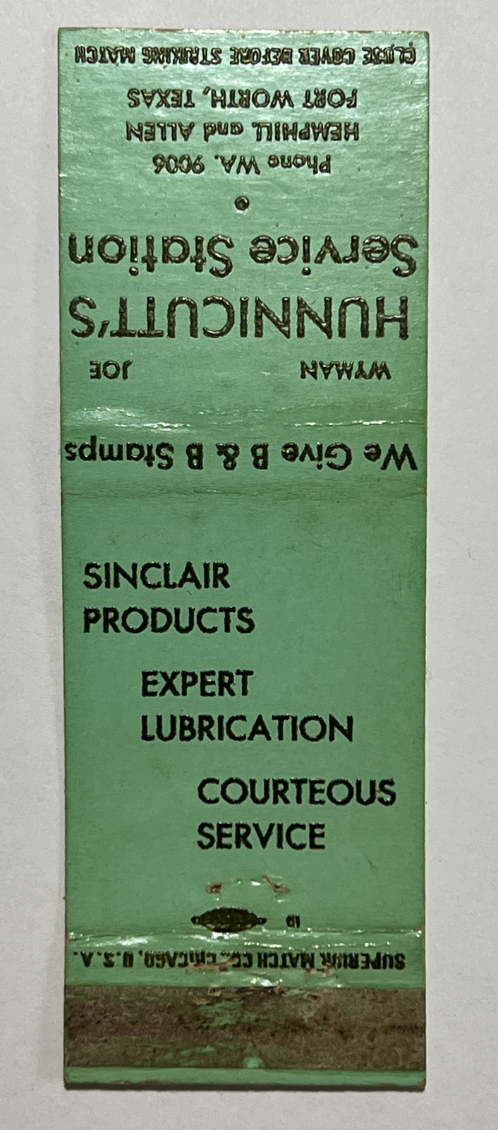 Vintage Matchbook Cover Wyman Joe Hunnicutt’s Service Station Fort Worth, Texas Vintage Matchbook Cover Wyman Joe Hunnicutt’s Service Station Fort Worth, Texas