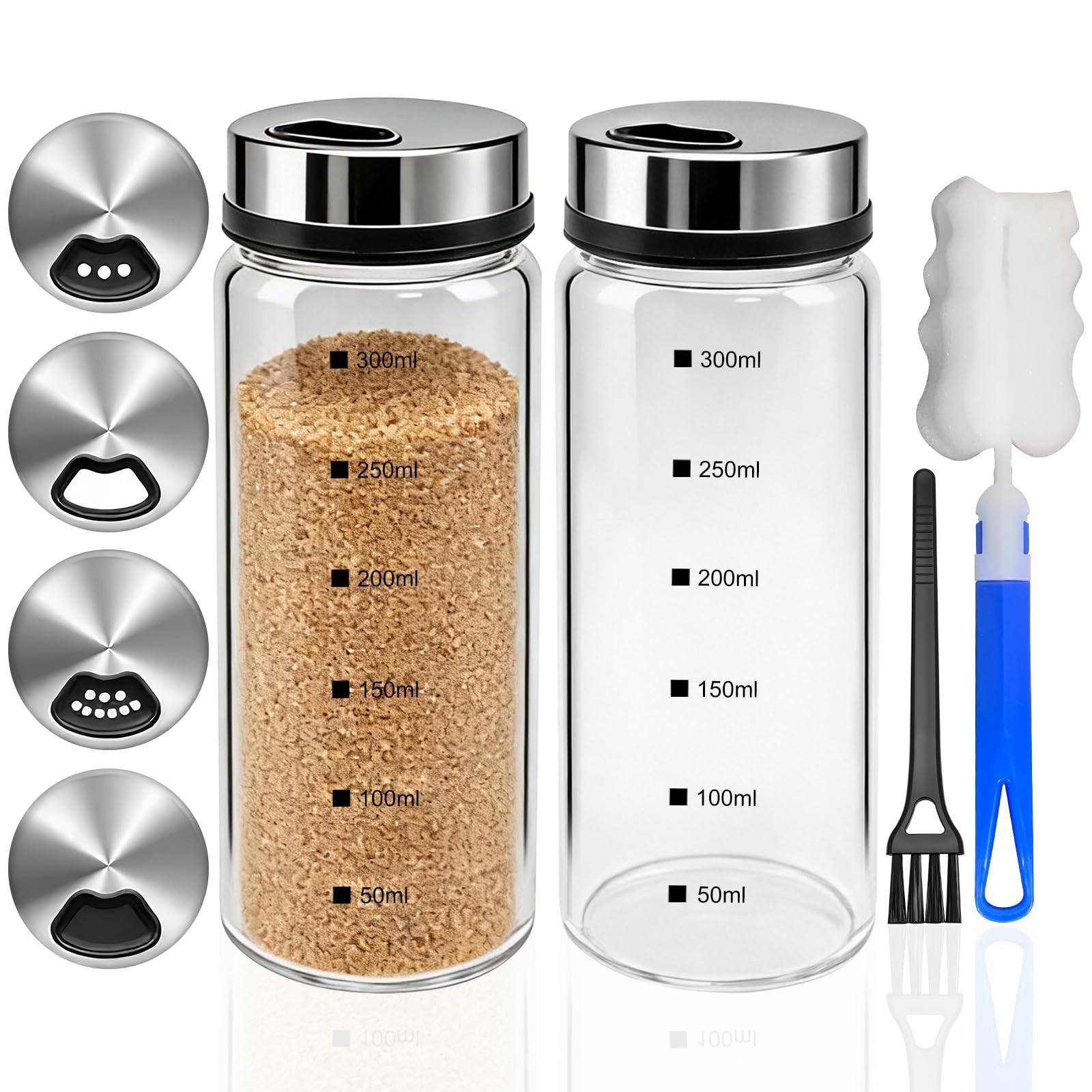 2Pcs 300ML Large Capacity Salt And Pepper Shakers with Cleaning Brush