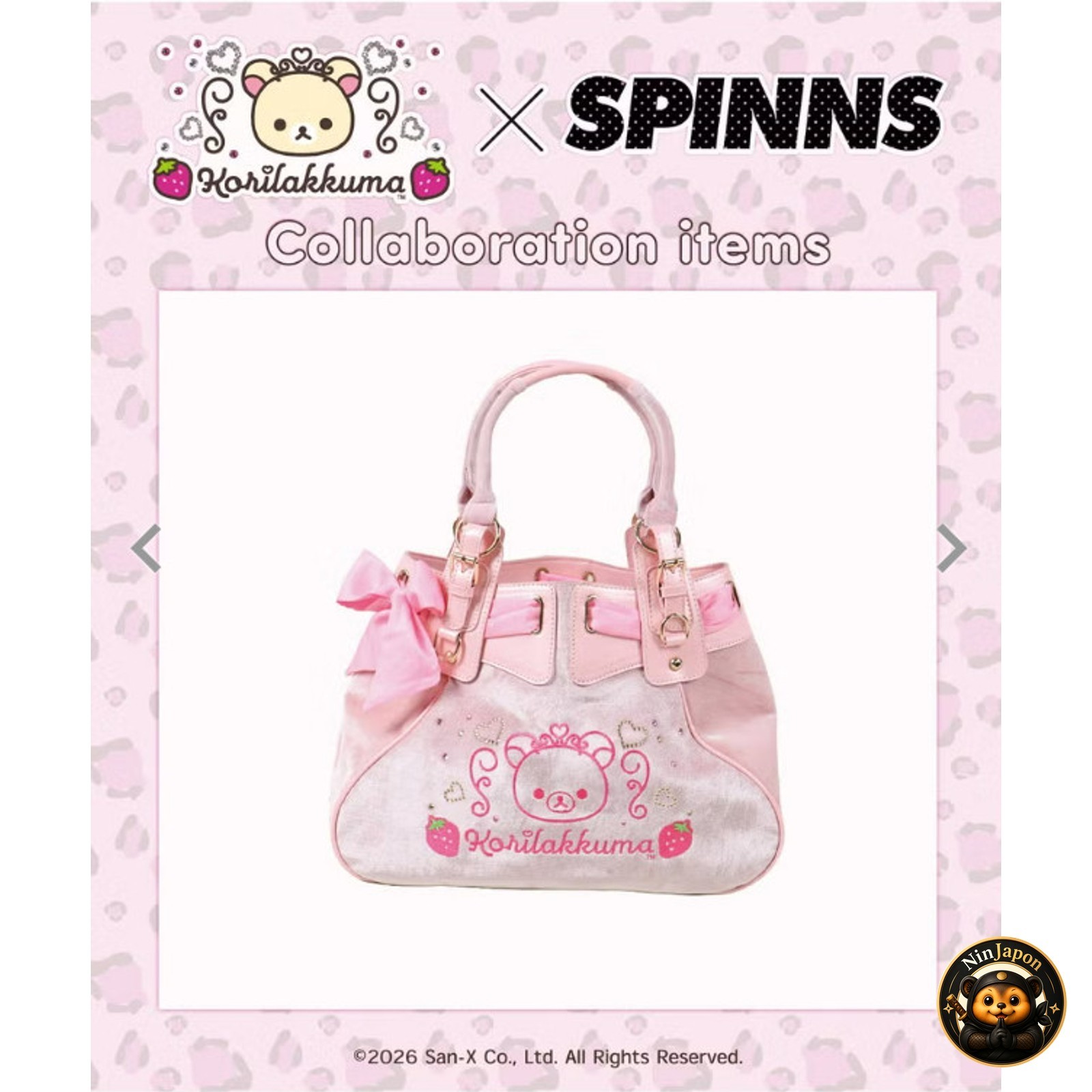 Korilakkuma x SPINNS Velour Bag Pink Ribbon Hime Gyaru Rilakkuma Japan Korilakkuma x SPINNS Velour Bag Pink Ribbon Hime Gyaru Rilakkuma Japan