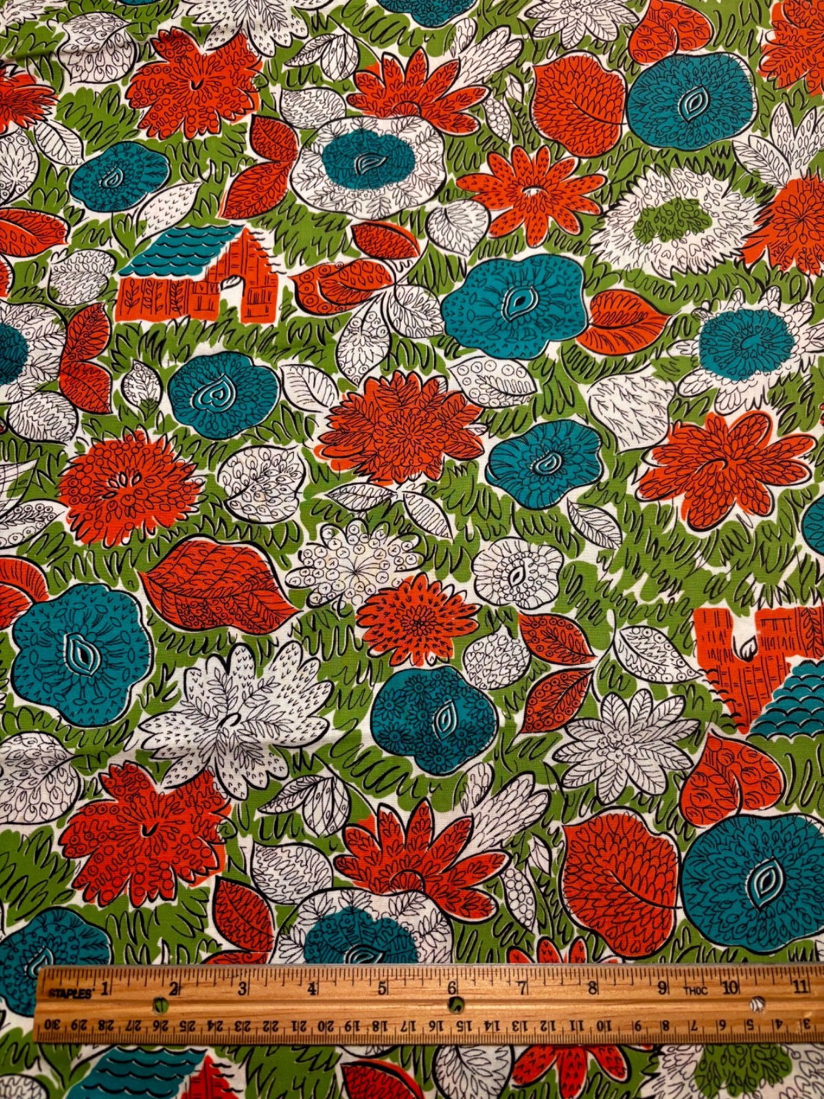 Antique Vintage Cotton Fabric 1940s Floral Forest Cottages Novelty 35w 34"L Antique Vintage Cotton Fabric 1940s Floral Forest Cottages Novelty 35w 34"L