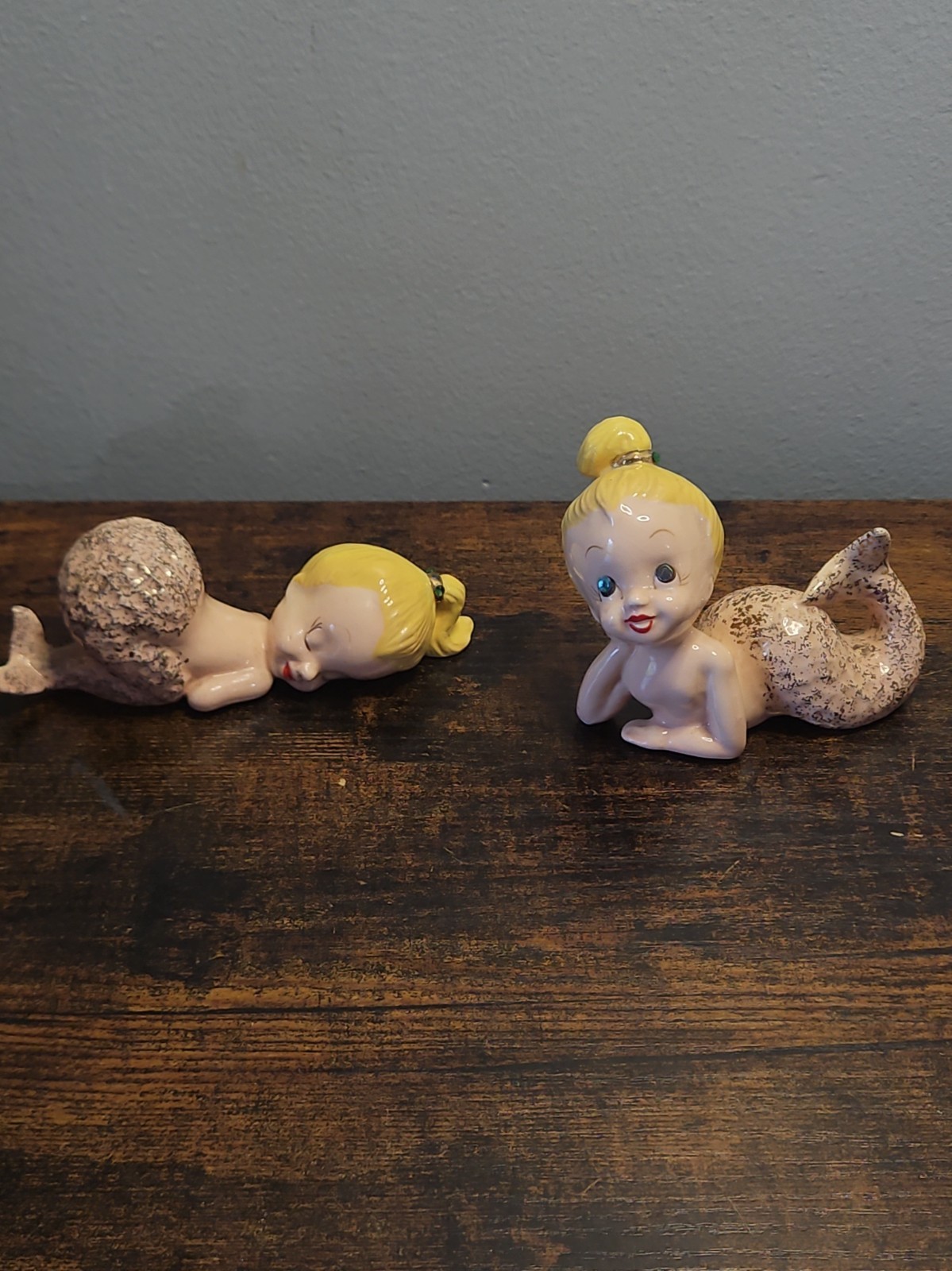 2 Vintage 1950s KREISS Mermaids Rhinestone Eyes & Hair Tie Gold Fleck Tail Lot