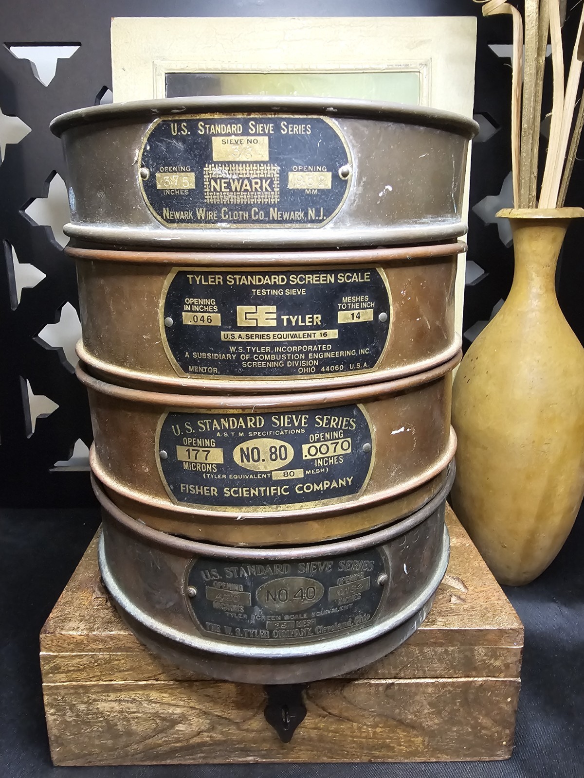 Lot of 4 Vintage Brass Testing Sieves Sifters Tyler Newark Fisher Gold Panning Lot of 4 Vintage Brass Testing Sieves Sifters Tyler Newark Fisher Gold Panning
