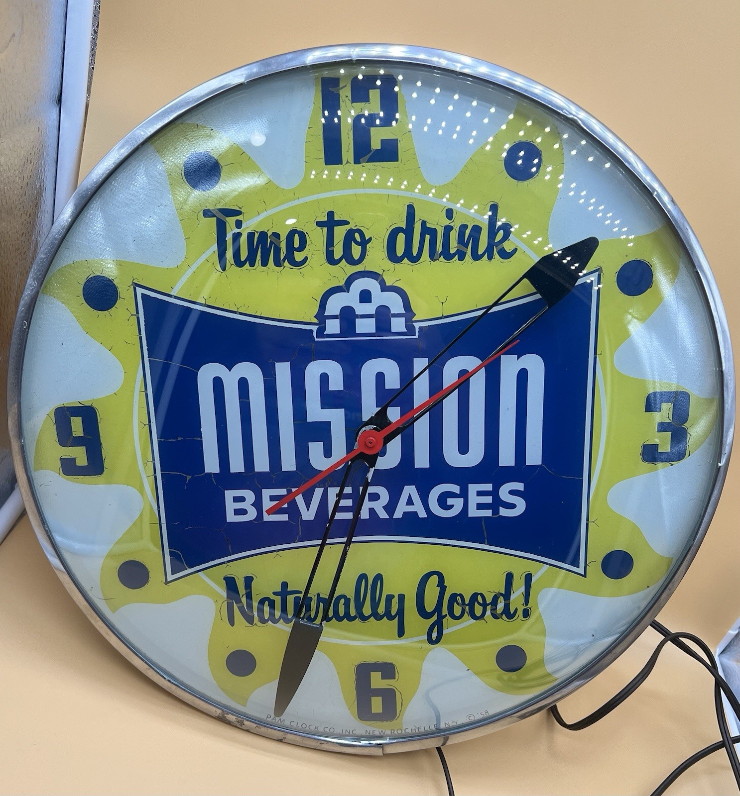 Vintage 1958 Mission Beverages Soda Advertising PAM Lighted Wall Clock Vintage 1958 Mission Beverages Soda Advertising PAM Lighted Wall Clock