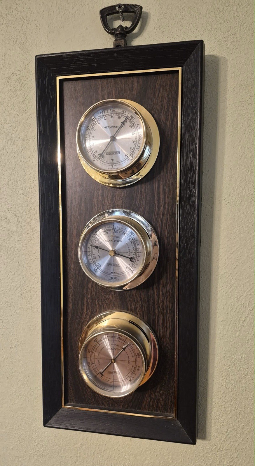 Vintage Springfield Wood Weather Station Thermometer Barometer Humidity 17”x 7” Vintage Springfield Wood Weather Station Thermometer Barometer Humidity 17”x 7”