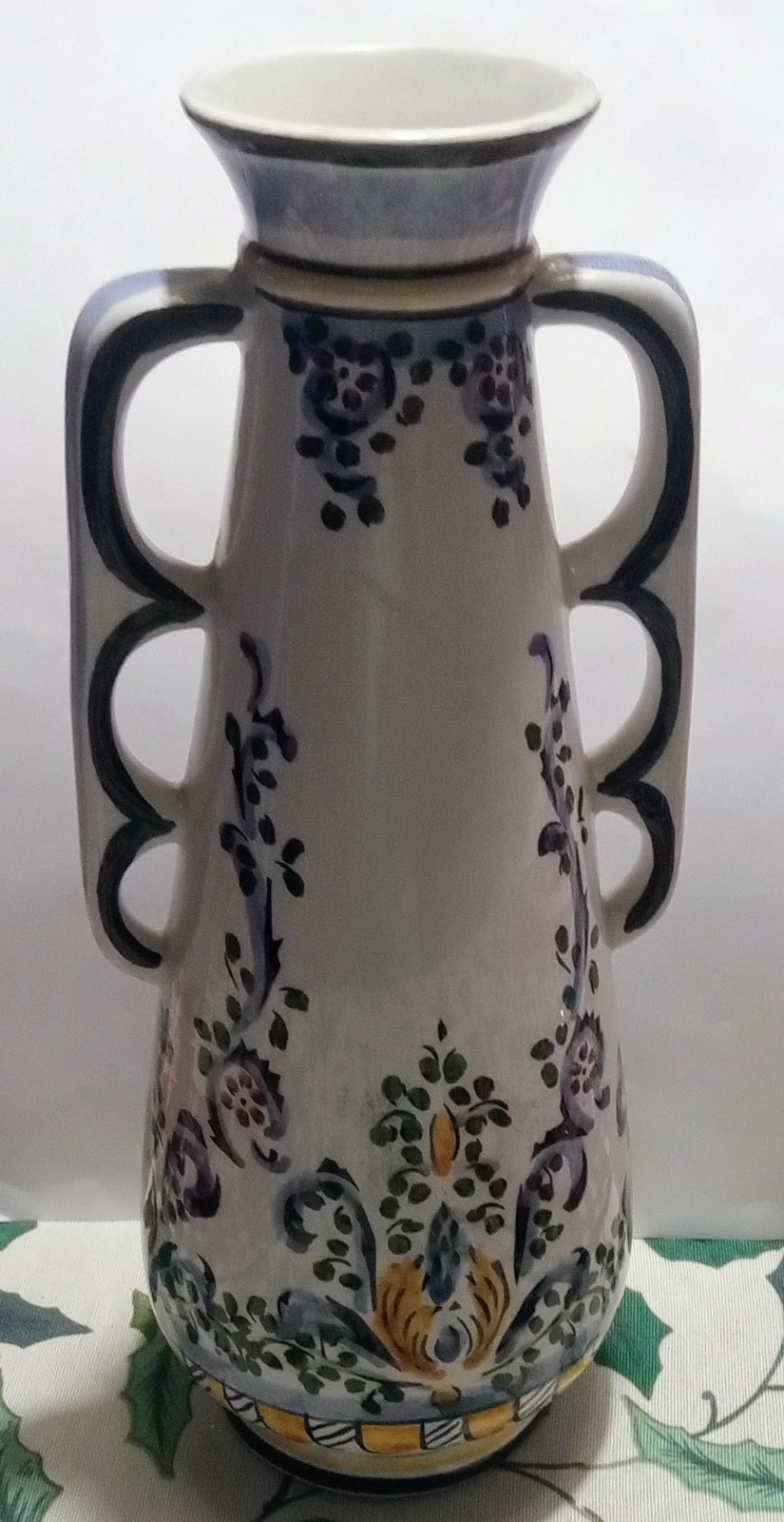 Beautiful Hand Painted In Portugal 9.5 Inch Tall Floral Vase With Unique Handles Beautiful Hand Painted In Portugal 9.5 Inch Tall Floral Vase With Unique Handles