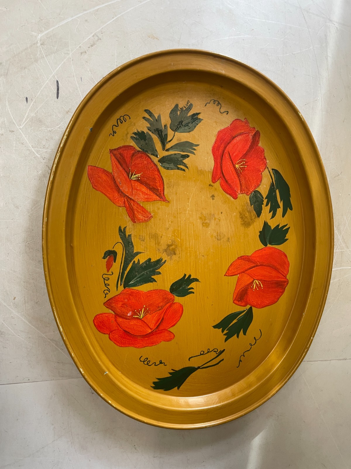 Vintage Hand Painted Red Flowers Mustard Yellow Oval Tray
