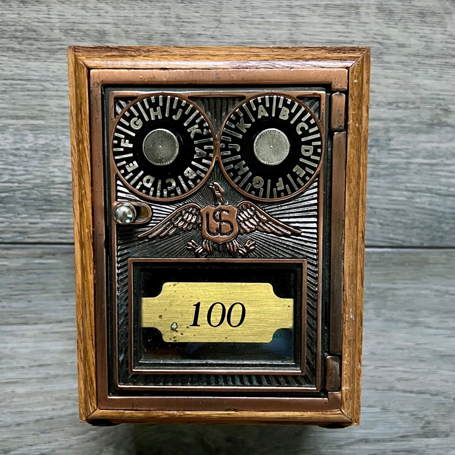 Vintage US Post Office Mailbox Door Wood Coin Bank Eagle Postal Box #100 No Code