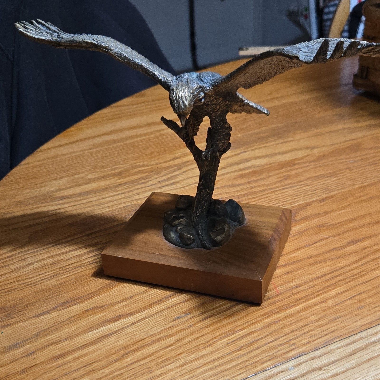 Phil Hauser Handmade Solid Bronze Eagle Figurine Sculpture on Wood Base 1985