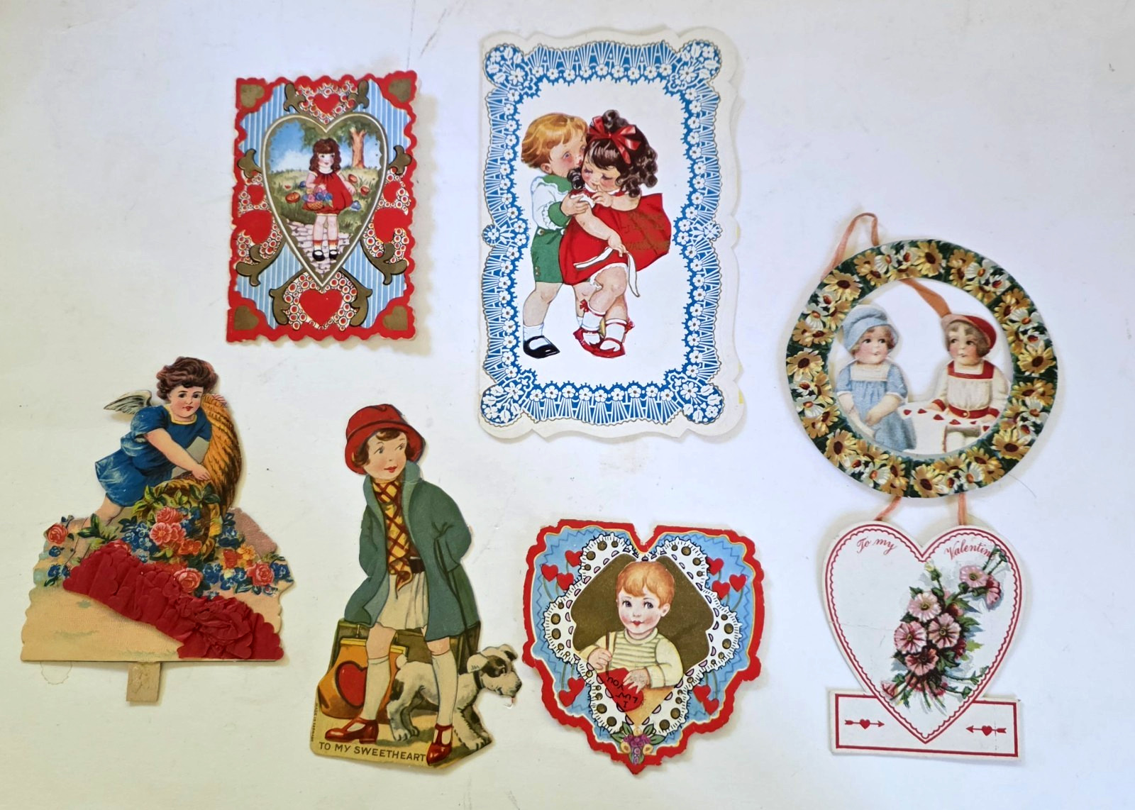Antique vtg Victorian Lot of 6 Valentine Heart Die Cut Cards Children