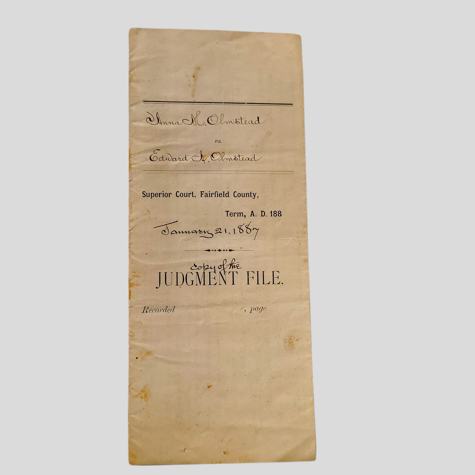 Original 1887 WILTON CT Connecticut Olmstead Divorce Decree Anna Vs Edward Vtg Original 1887 WILTON CT Connecticut Olmstead Divorce Decree Anna Vs Edward Vtg