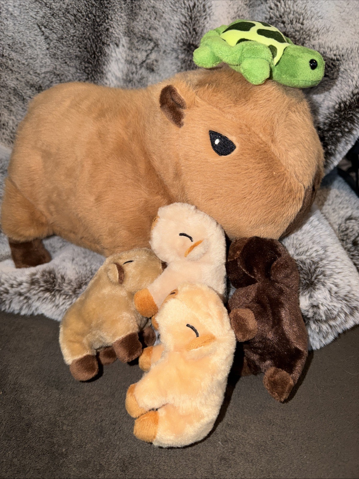 Capybara Plush Stuffed Animal with 4 Babies And A Turtle Friend