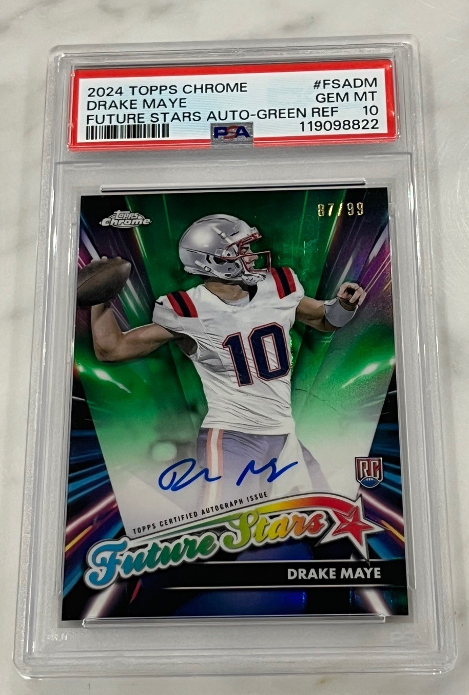 2024 TOPPS DRAKE MAYE CHROME FUTURE STARS AUTO RC /99 GREEN PSA 10 2024 TOPPS DRAKE MAYE CHROME FUTURE STARS AUTO RC /99 GREEN PSA 10