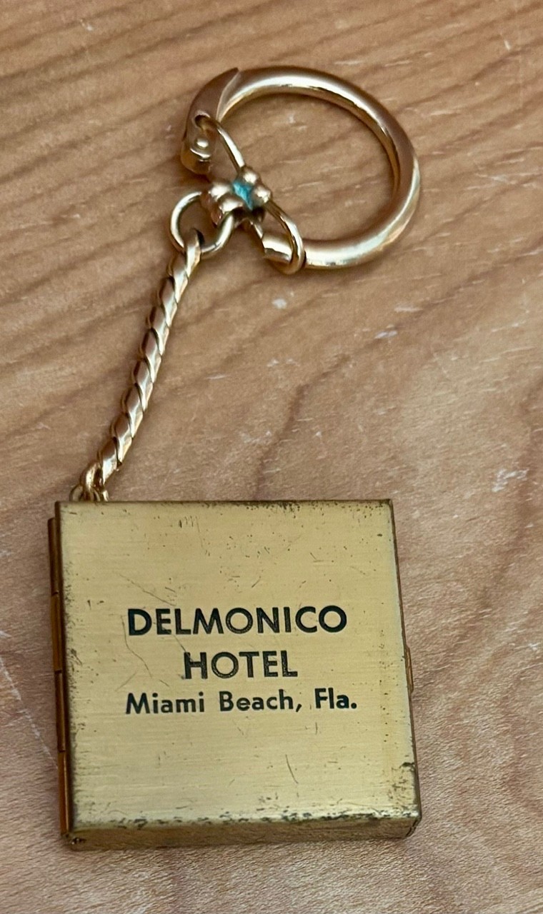 Vintage 1950s Miami Beach Florida Delmonico Hotel Keychain Photo Locket