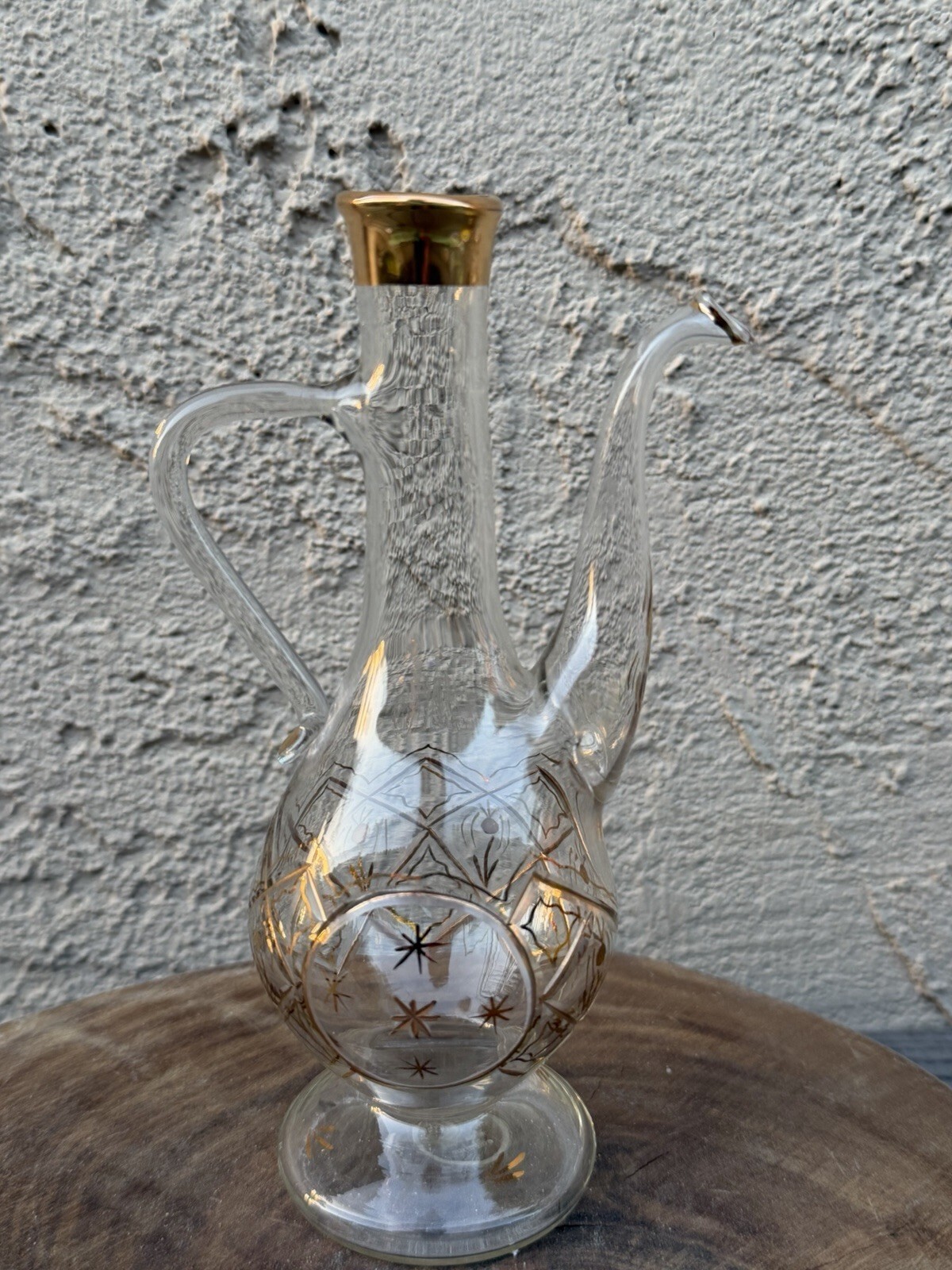 Vintage Bohemian Czech Glass Decanter Ewer Hand Painted 24K Gold Mid Century Vintage Bohemian Czech Glass Decanter Ewer Hand Painted 24K Gold Mid Century