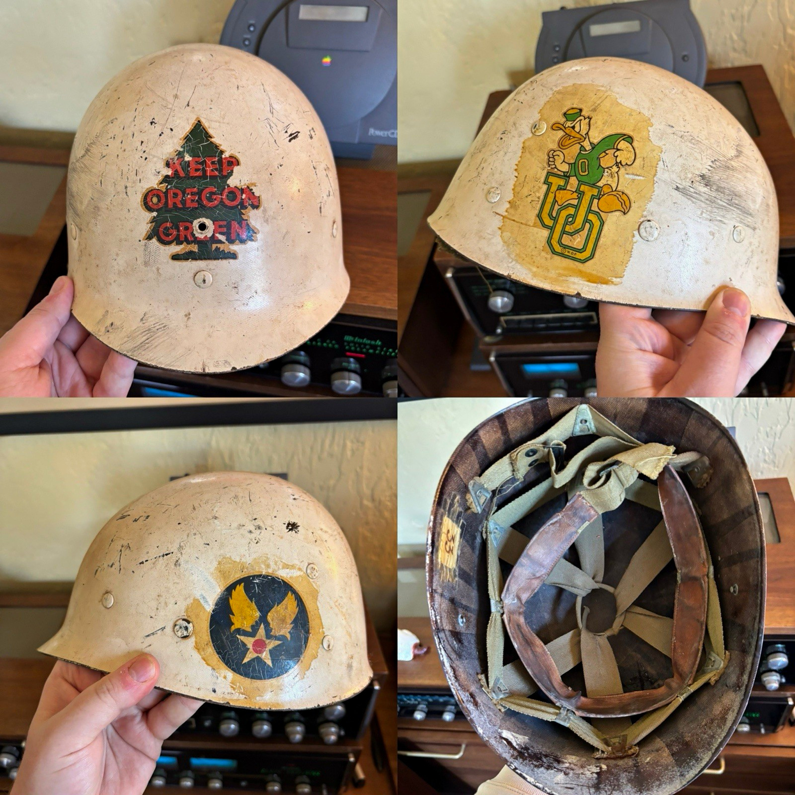 Vintage WWII U.S. M1 Helmet 1945 Liner University of Oregon Keep Oregon Green Vintage WWII U.S. M1 Helmet 1945 Liner University of Oregon Keep Oregon Green