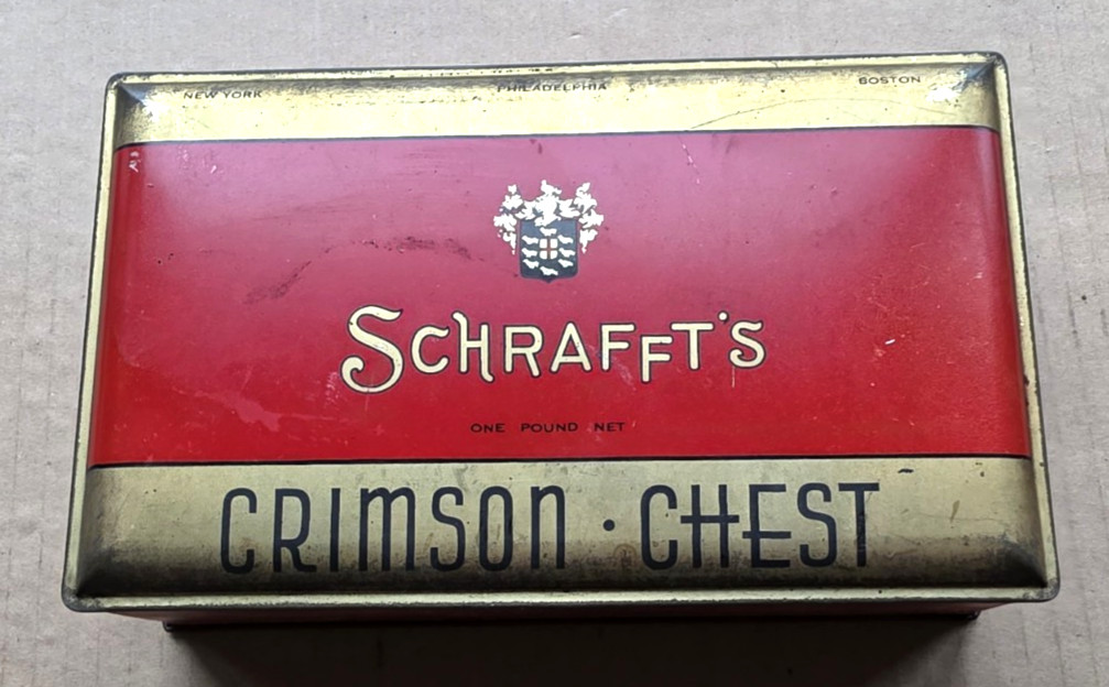 Vintage 1930's Schraffts Crimson Chest Tin Candy Box  RARE Advertising Tin
