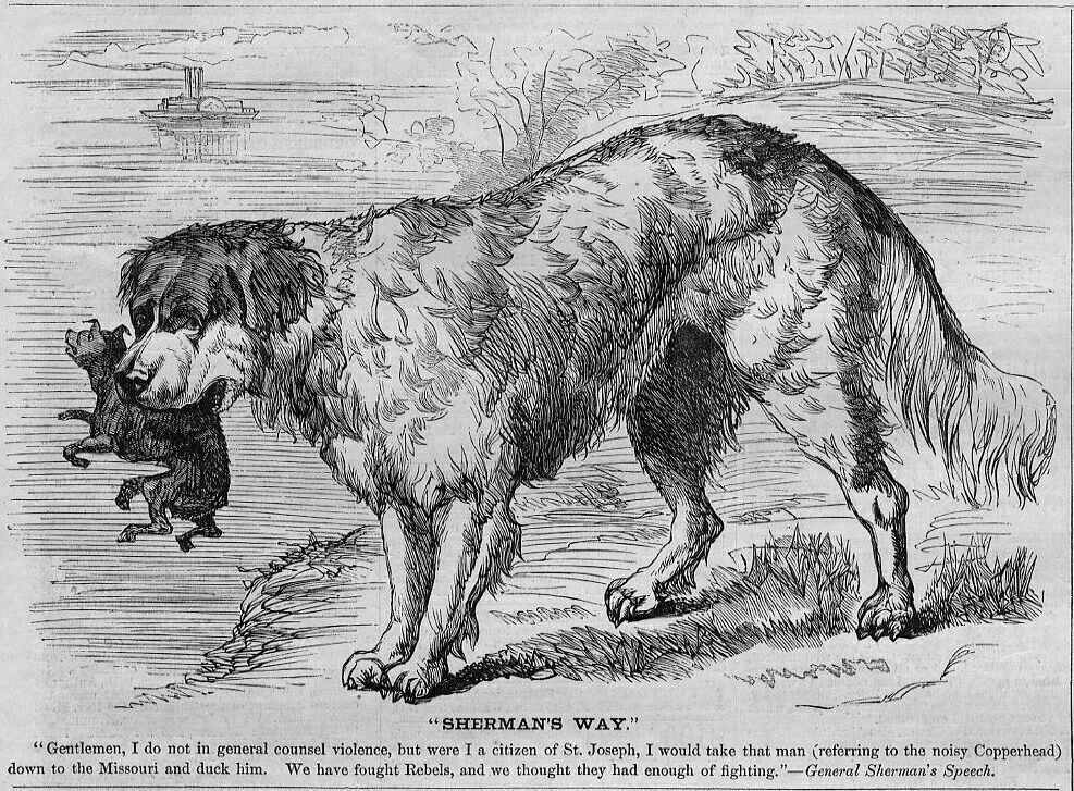 SHERMAN THE SAINT BERNARD TAKES NOISY COPPERHEAD TO MISSOURI RIVER, REBELS FIGHT