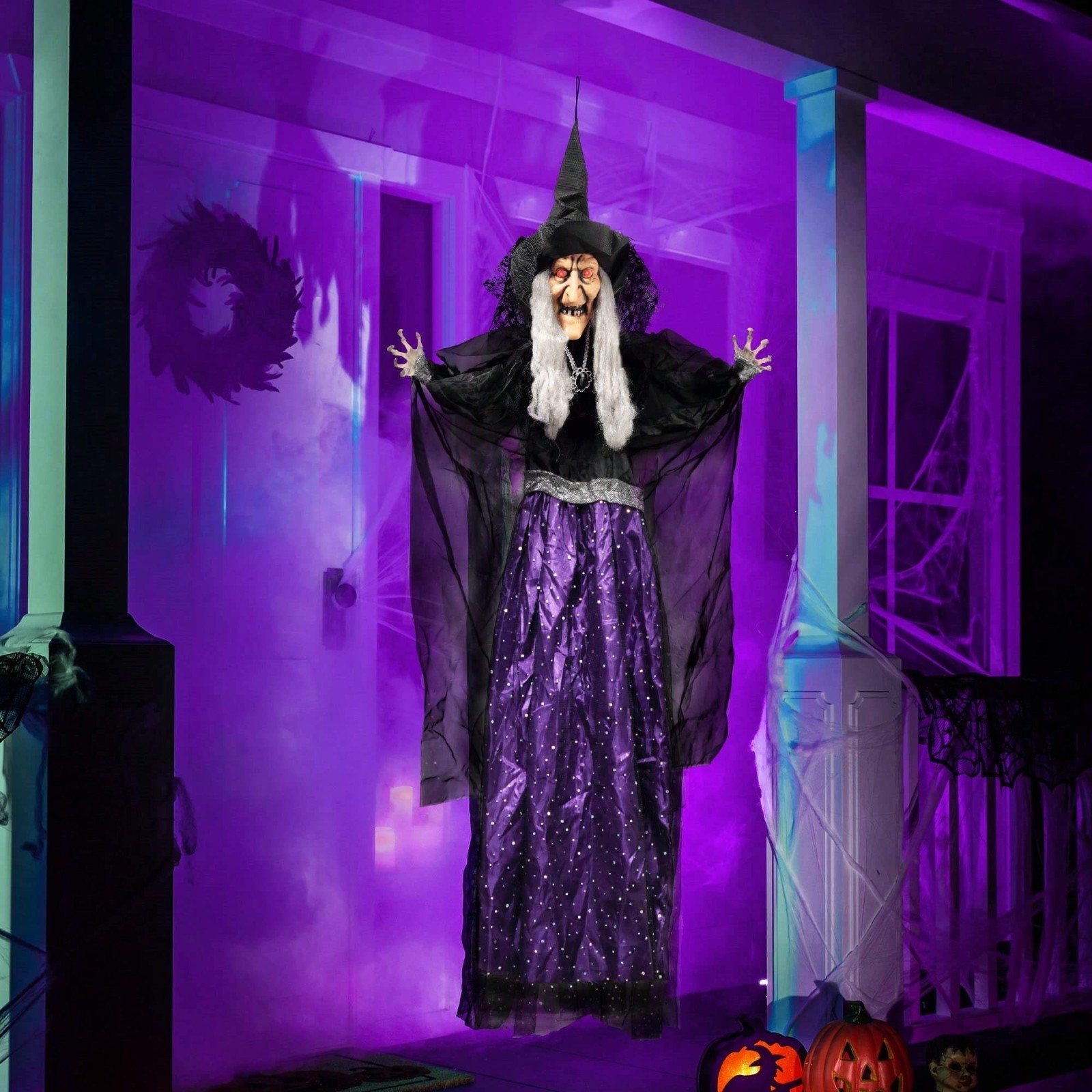 47" Animated Hanging Witch Halloween Prop Talking Sound Activated LED Eyes Decor 47" Animated Hanging Witch Halloween Prop Talking Sound Activated LED Eyes Decor