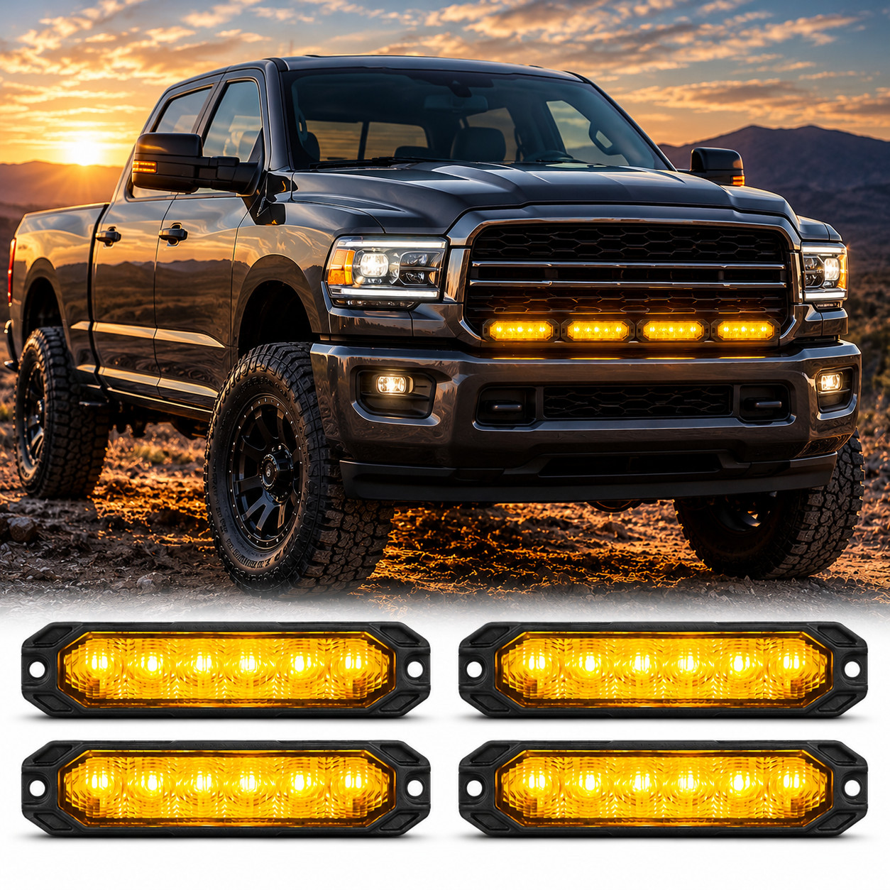 4Pcs Amber 6 LED Emergency Strobe Lights 12-24V Grille Surface Mt 17 Flash Modes 4Pcs Amber 6 LED Emergency Strobe Lights 12-24V Grille Surface Mt 17 Flash Modes