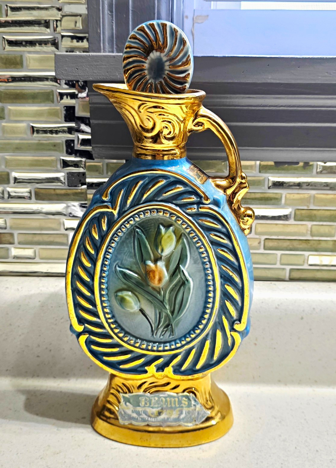 Vintage 1973 Jim Beam Blue Phoenician Tulip Decanter w/ Tax Stamp-Empty